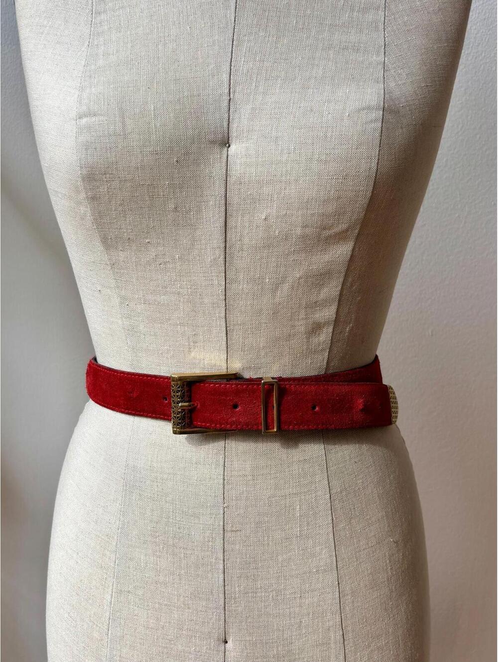 Vintage 1990s Red Suede Brass Buckle Belt